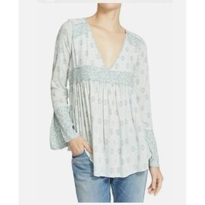 Free People Size Small Rolling Hills Print Bell Sleeve Tunic Green